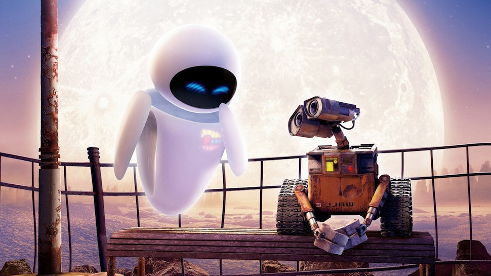 Two robots from the movie Wall-E holding hands